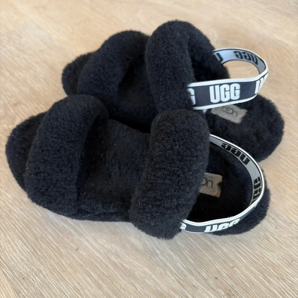 UGG Fluff Yeah‎ Women's Size 4 Fur Slide Sandals Slippers Black Comfort